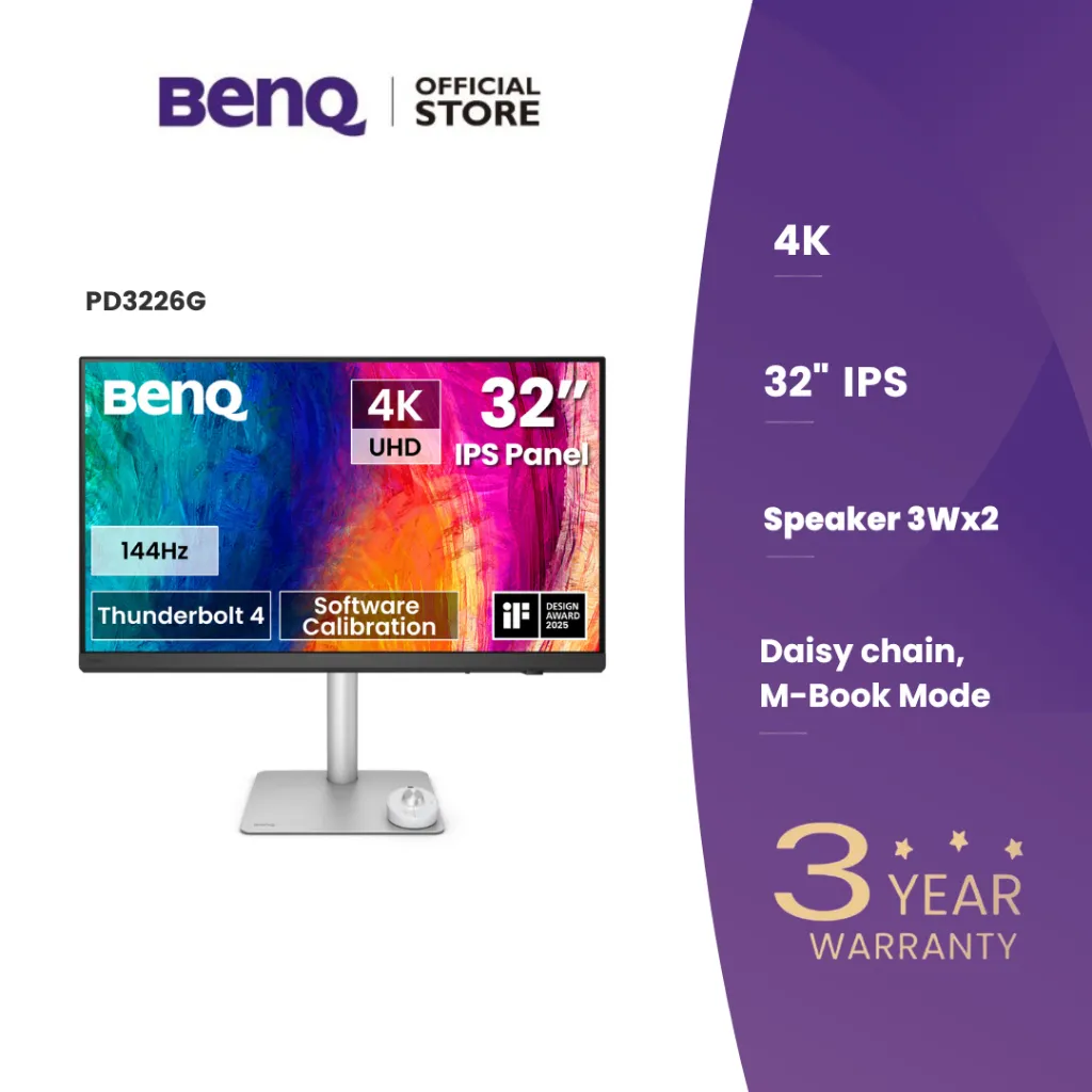 BenQ PD3226G 32” 4K UHD (3840x2160) 144Hz Monitor for Designers, IPS, 95% P3, 100% sRGB, 90W Thunderbolt 4, Software Calibration, KVM, Daisy Chain, Reflection-Free Nano Matte Panel, Height Adjustable