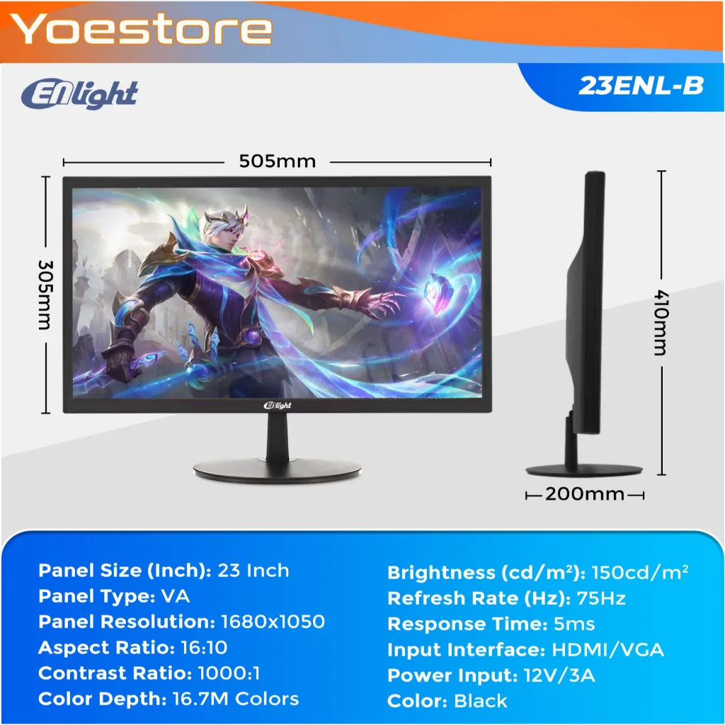 Monitor LED Enlight 23ENL-B 23" VA 1680x1050 HDMI VGA Widescreen Frameless Stylish Cocok untuk Kantor, Gaming Ringan