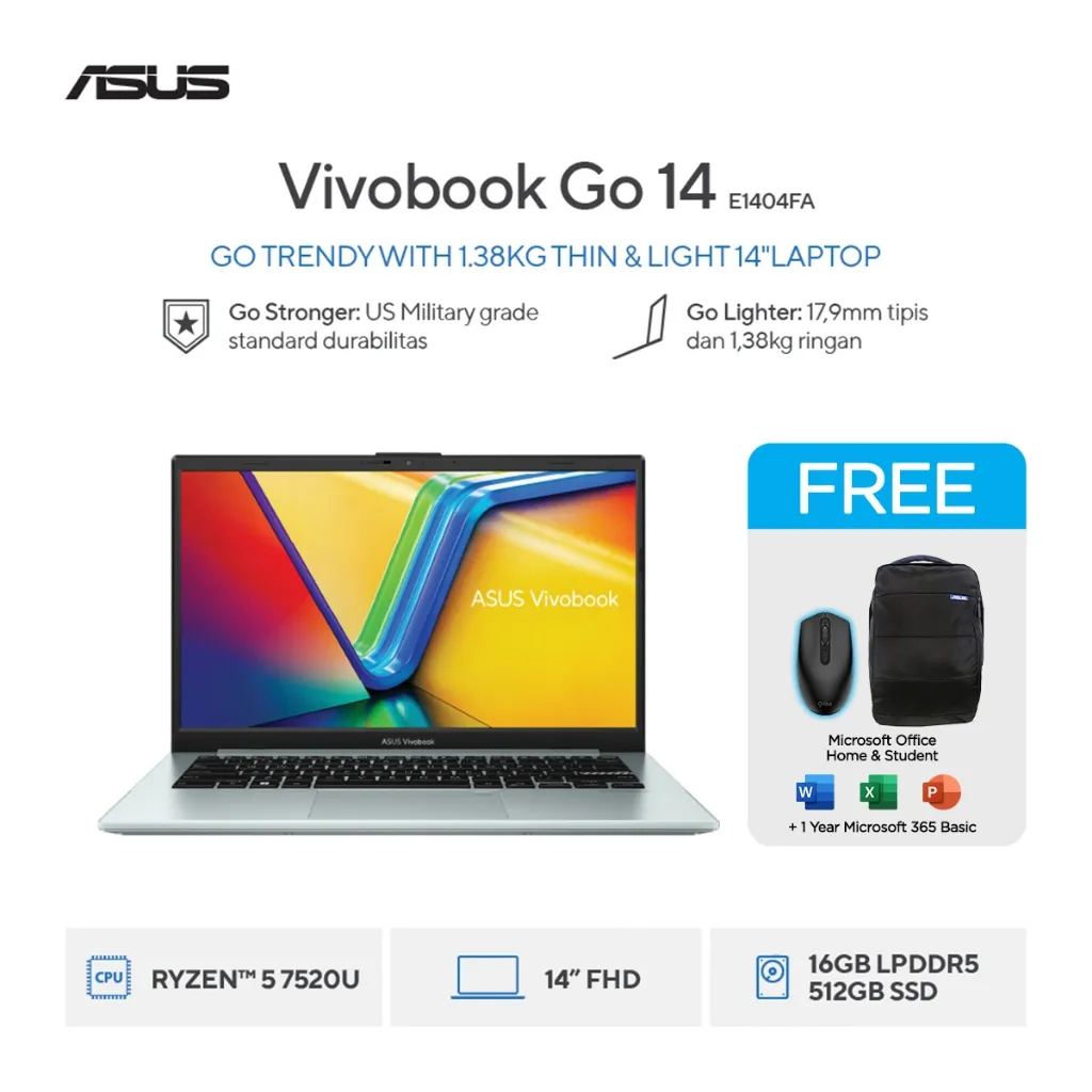 ASUS Vivobook Go 14 E1404FA Ryzen 5 7520U 512GB SSD 16GB IPS Win11+OHS