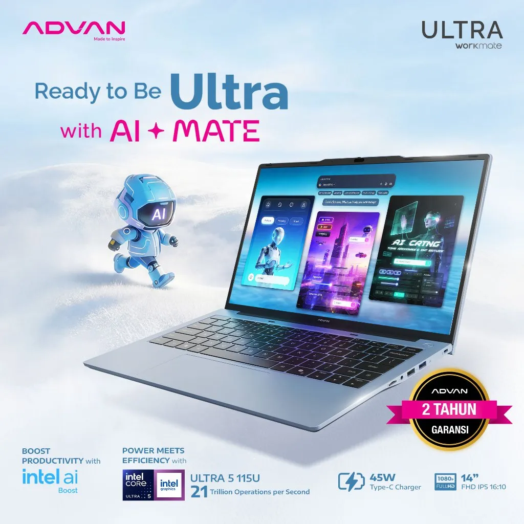 ADVAN LAPTOP WORKMATE ULTRA | INTEL ULTRA 5 115U WITH AI BOOST | 14 INCH FHD+ 16:10 IPS | 8GB+256GB | FREE WINDOWS 11 | Garansi Resmi 2 Tahun