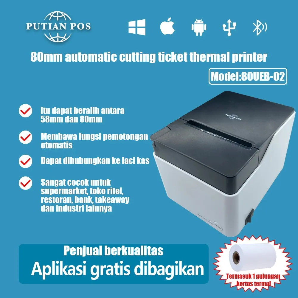 Printer label printer penerimaan termal Bluetooth 80/58mm dengan fungsi pemotongan otomatis mendukung koneksi Ethernet