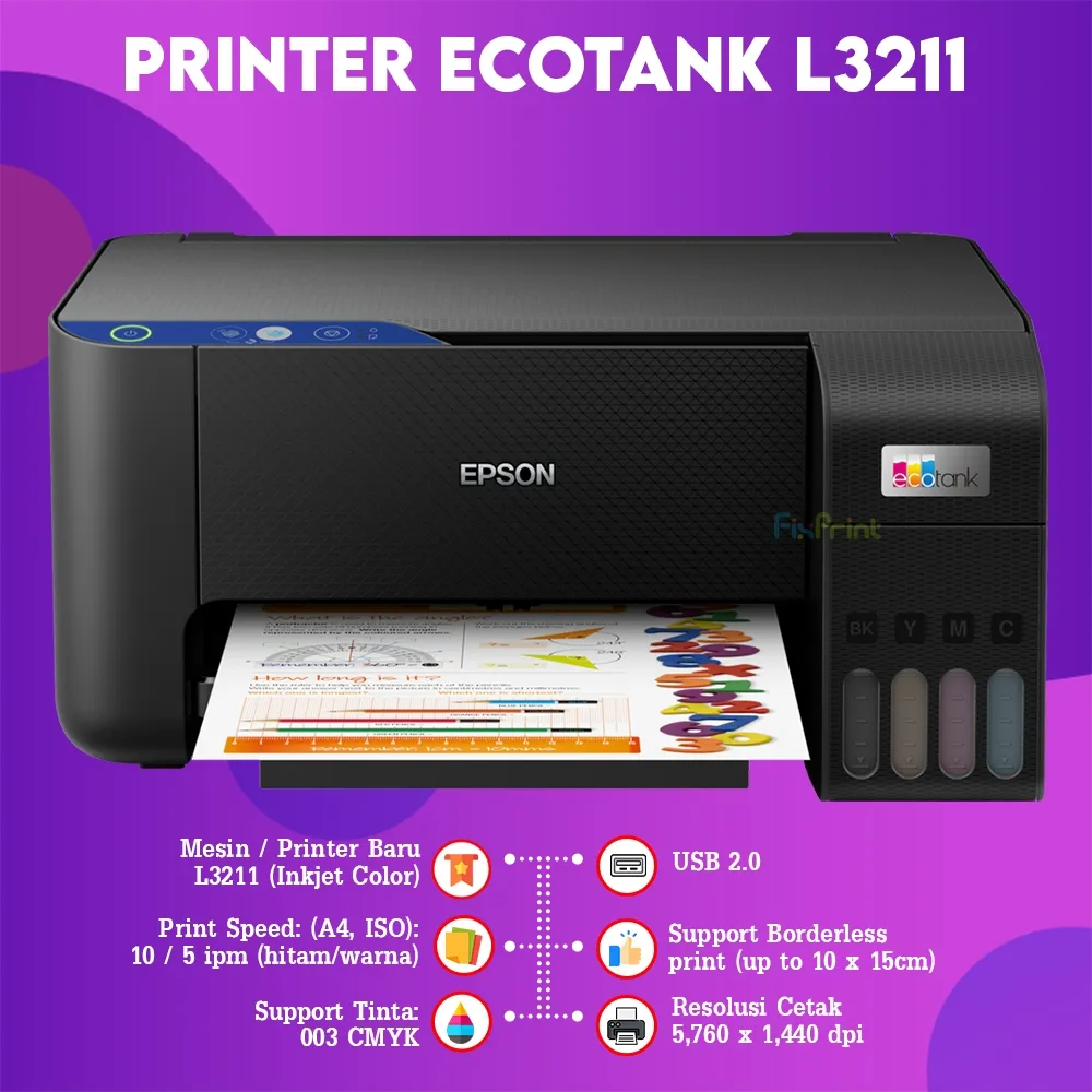 Printer EcoTank Epson L3211 L3210 L121 L1210 L1216 Print Only L1250 L1256 WiFi  L3216 L3250 L3251 L3256 All In One L5290 ADF Wireless Print Scan Copy Multifunction L6490 AIO Duplex Fax With ADF Color