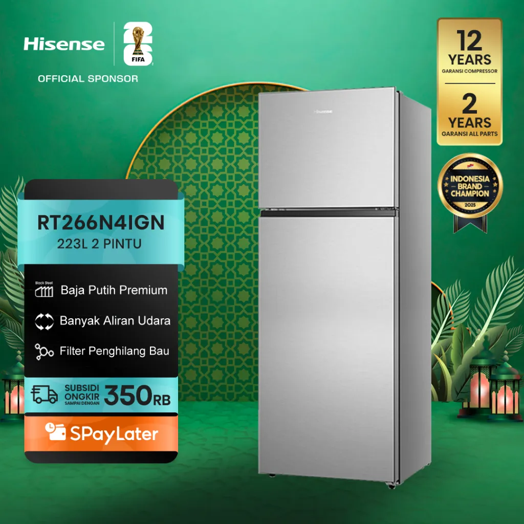 Hisense Kulkas RT266N4IGN Refrigerator 2 Pintu Kapasitas 223L Warna Grey Tanpa Bunga Es Dilengkapi Baja Premium Banyak Aliran Udara dan Filter Penghilang Bau Desain Minimalis Pintu Besar Terbuka 90 Derajat Lampu LED Big Door Balcony Multi Air Flow