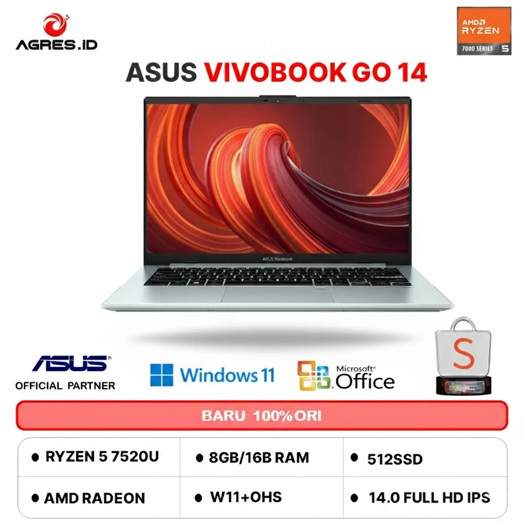 ASUS VIVOBOOK GO 14 E1404FA RYZEN 5 7520 16GB 512GB W11+OHS+O365 14.0FHD IPS SLV -VIPS554M