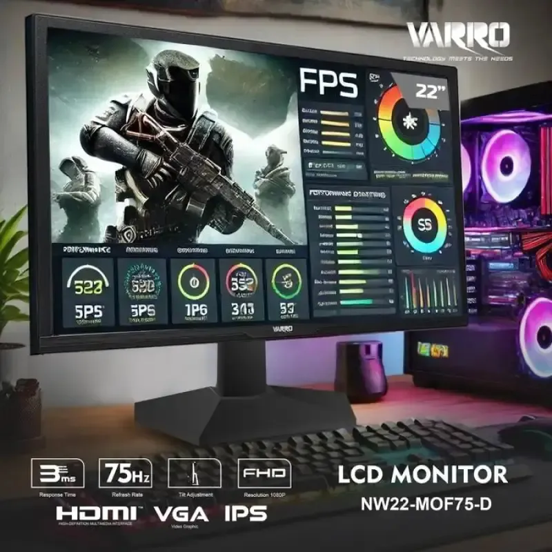 NW22 Monitor Varro NW 22-MOF75-D (FHD/IPS/3ms/75Hz/Till Adjustment/HDMI/VGA) - 2 Years Warranty