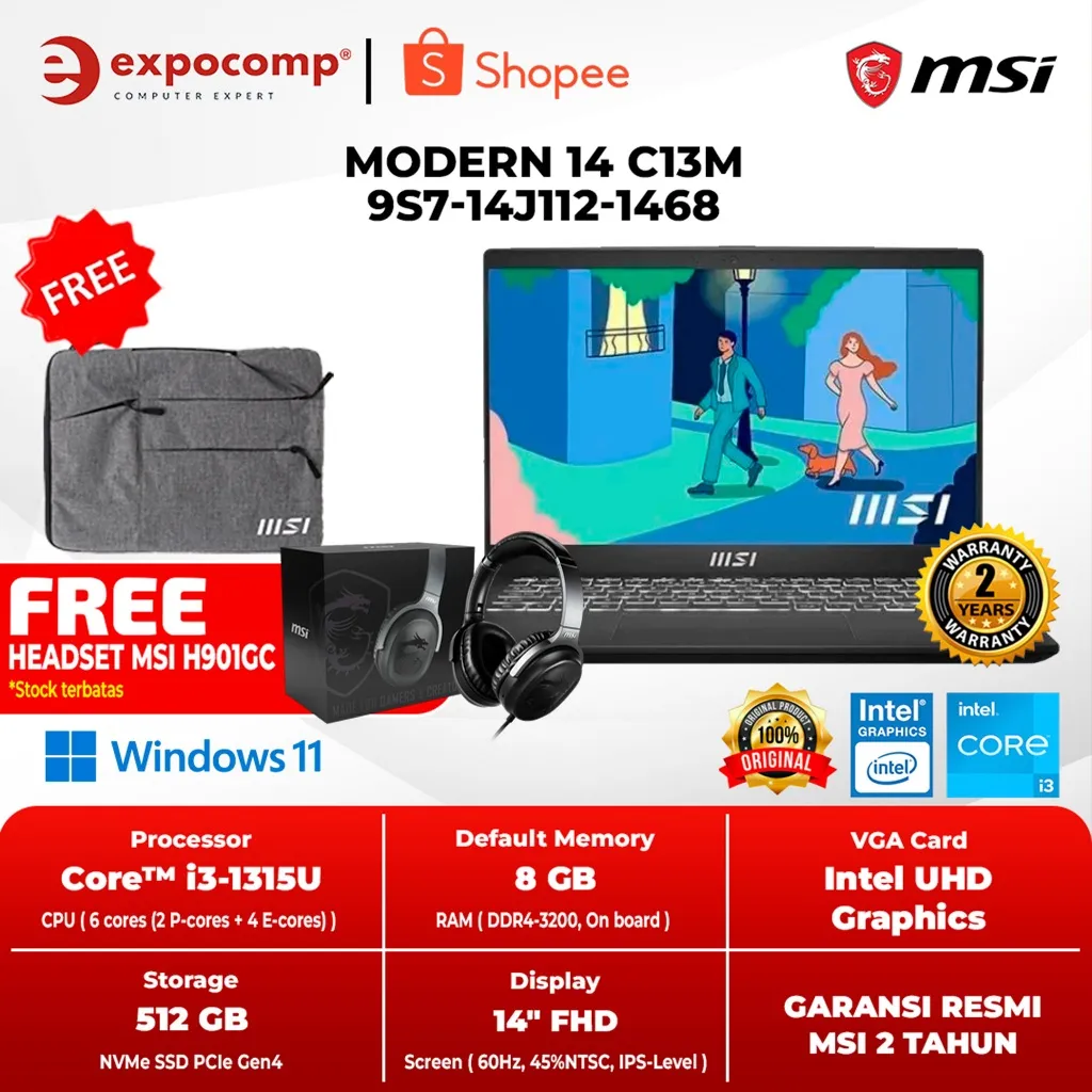 MSI MODERN 14 C13M 9S7-14J112-1468 BLACK INTEL CORE i3-1315U 8GB 512GB WIN 11 HOME TANPA OFFICE NO OHS