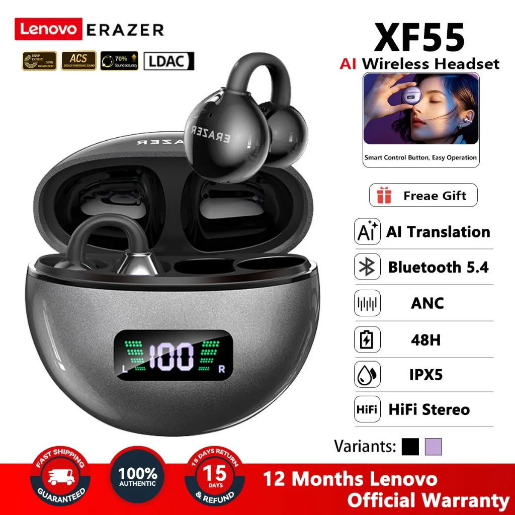 Lenovo ERAZER XF55 XT83Pro XF36 XF28 XF58 HTC NE56 NE55 NE15 MINISO MS106 MS110 TA12 AI Smart Earphones Earphone Ear Clip Bone Conduction TWS Bluetooth 5.4 Nirkabel Headset Sports Lari Ture Wireless HIFI Stereo Full Bass Olahraga Earbuds BluetoothLow-lat