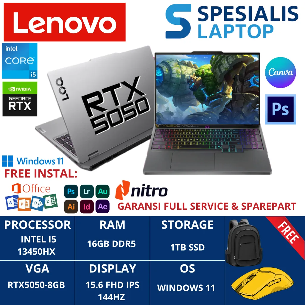 LAPTOP LENOVO LOQ 15 INTEL I5 13450HX 16GB DDR5 512GB RTX5050-8GB 15.6 FHD IPS 144HZ WINDOWS 11
