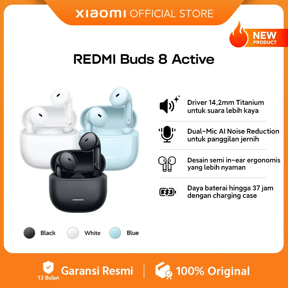 Xiaomi Redmi Buds 8 Active | Driver 14,2mm Titanium | Dual-Mic AI Noise Reduction | Desain semi in-ear ergonomis | Baterai hingga 37 jam charging case | TWS Earphone Bluetooth [Xiaomi Official Store]