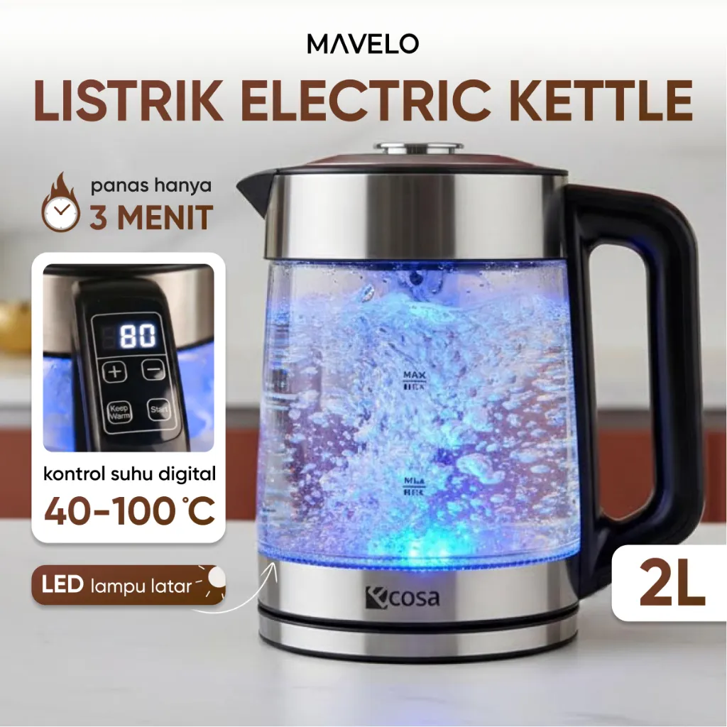 MAVELO Teko Listrik Pemanas Air Otomatis 2L Electric Kettle Stainless Steel Thermostat