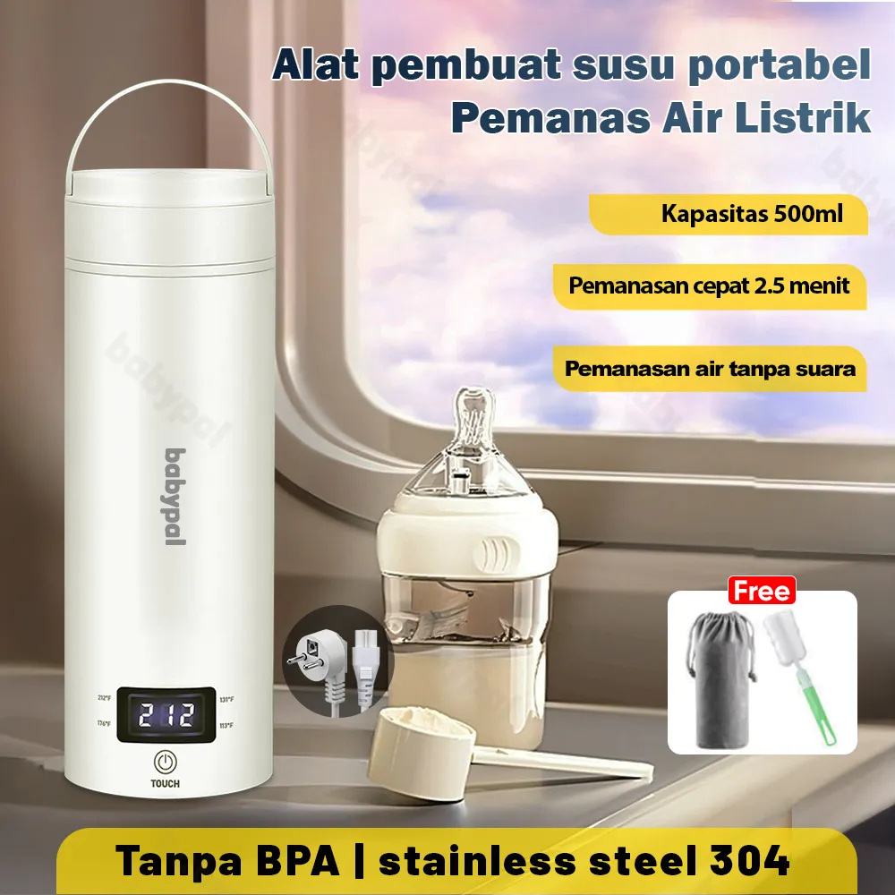 Babypal Pemanas Air Listrik Portable 500ML LED Display Stainless Steel 304  Alat pembuat susu portabel Teko Listrik Pemanas Air