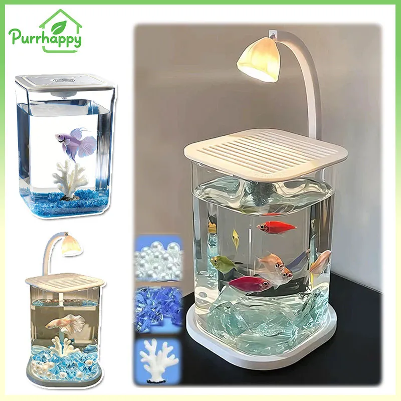 Purrhappy Akuarium Ikan Mini Transparan Akuarium Mini Lanskap Akuarium Cupang Mini LED Unik Akuarium Kaca Transparan Akuarium Mini Cupang Dengan Lampu LED Untuk Ikan Cupang Ikan Hias Kecil