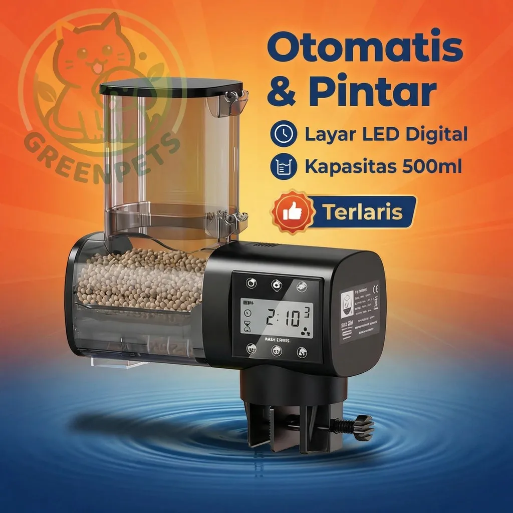 GREENPETS Feeder Ikan Otomatis Digital Dispenser Makanan Aquarium dengan Timer dan Kontrol Porsi