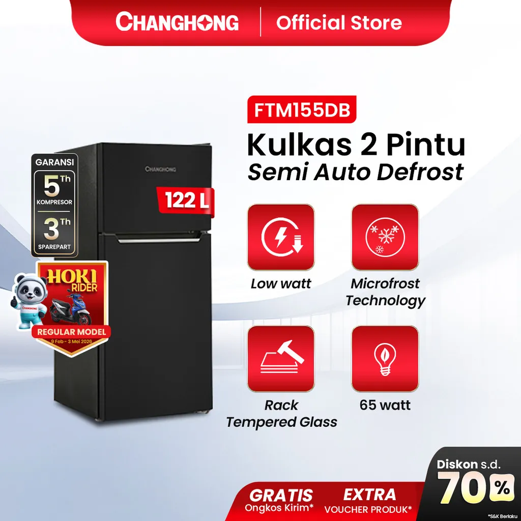 Changhong  Kulkas 2 Pintu Refrigerator Kapasitas 122 Liter - FTM155DB Black