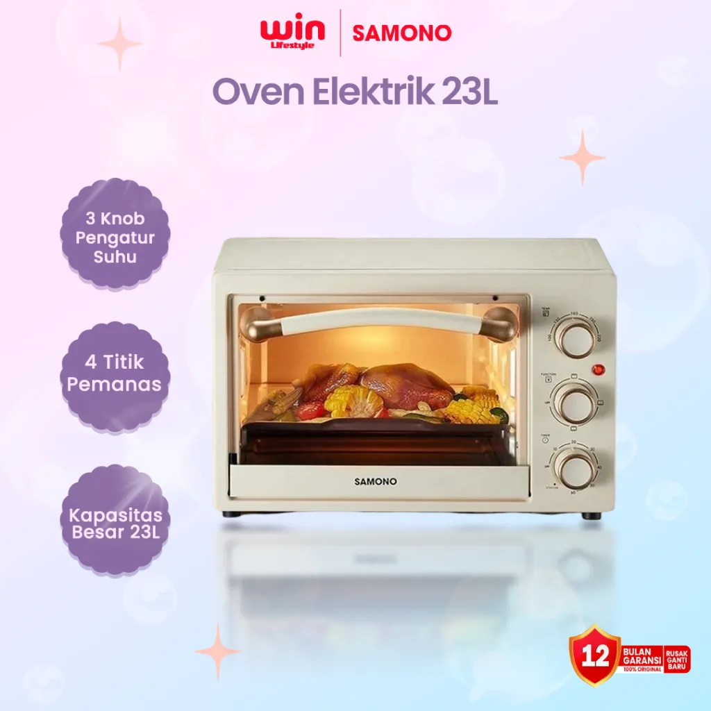 SAMONO Oven Listrik Low Watt Toaster Elektrik 23 Liter 3 Knob Kontrol dengan 4 Tingkat Pemanas Api Atas Bawah Kapasitas Besar Panggang Kue Roti Pizza Desain Kokoh SW-EOG23