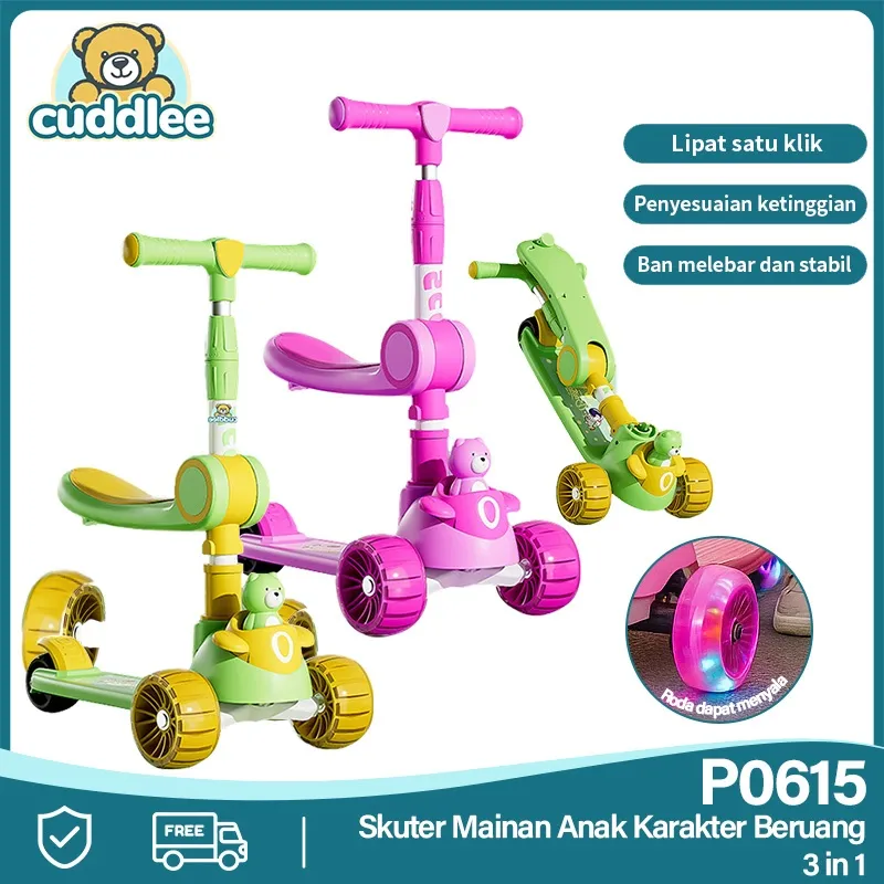Cuddlee Skuter Mainan Anak Karakter Beruang 3 in 1 P0615 - Skuter Lipat Mainan Anak Karakter Beruang 3 in 1