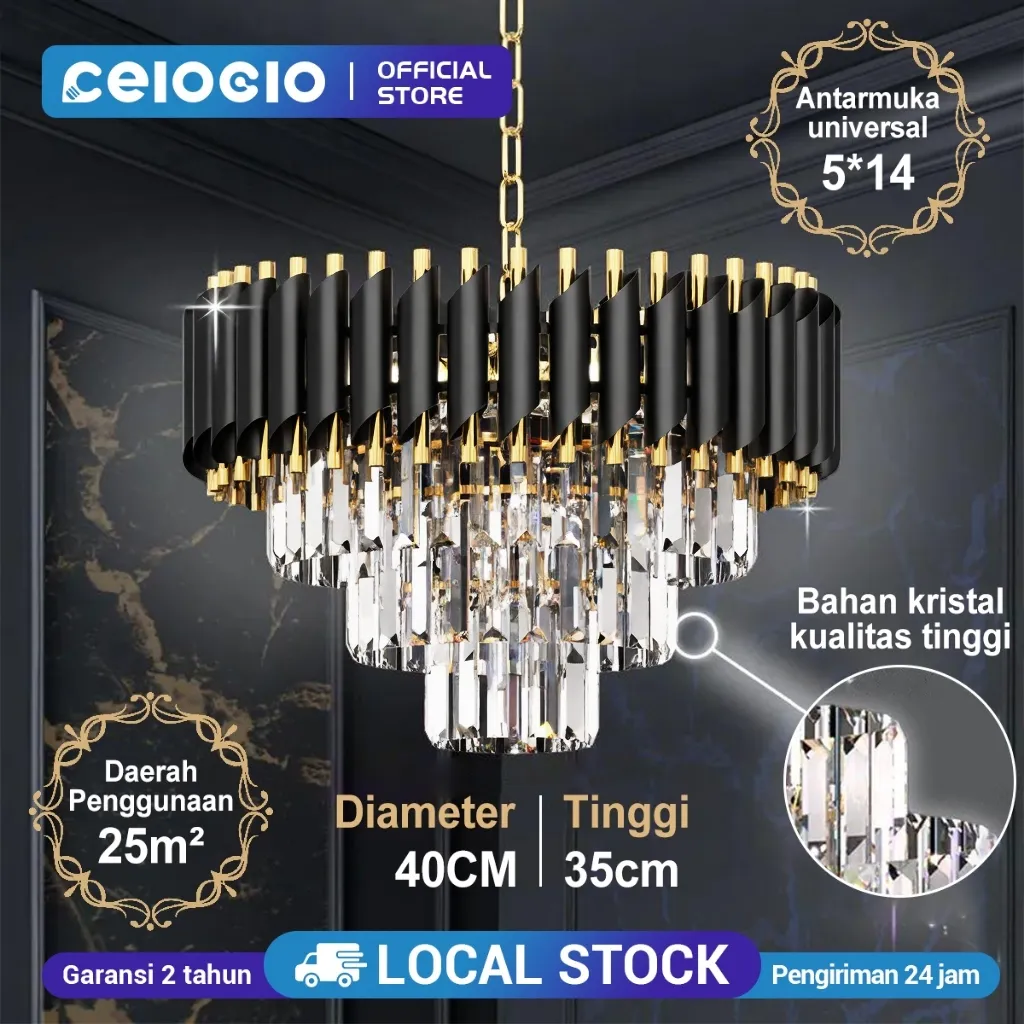 CELOGLO 40cm Lampu Gantung Kristal Aesthetic dengan Lampu Sumber, Lampu Hias Gantung
