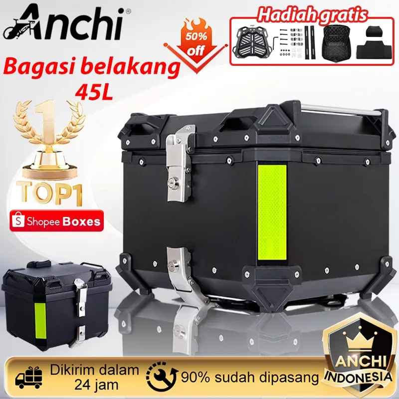 Anchi Ready stock 45L Kapasitas Besar Tahan air Box Belakang Motor box motor Kotak penyimpanan MOTOR MURAH ABS belakang sepeda motor untuk Gunung sepeda motor dengan lampu strip reflektif suku cadang bagasi bak truk Tail Top Box Almunium Alloy Case