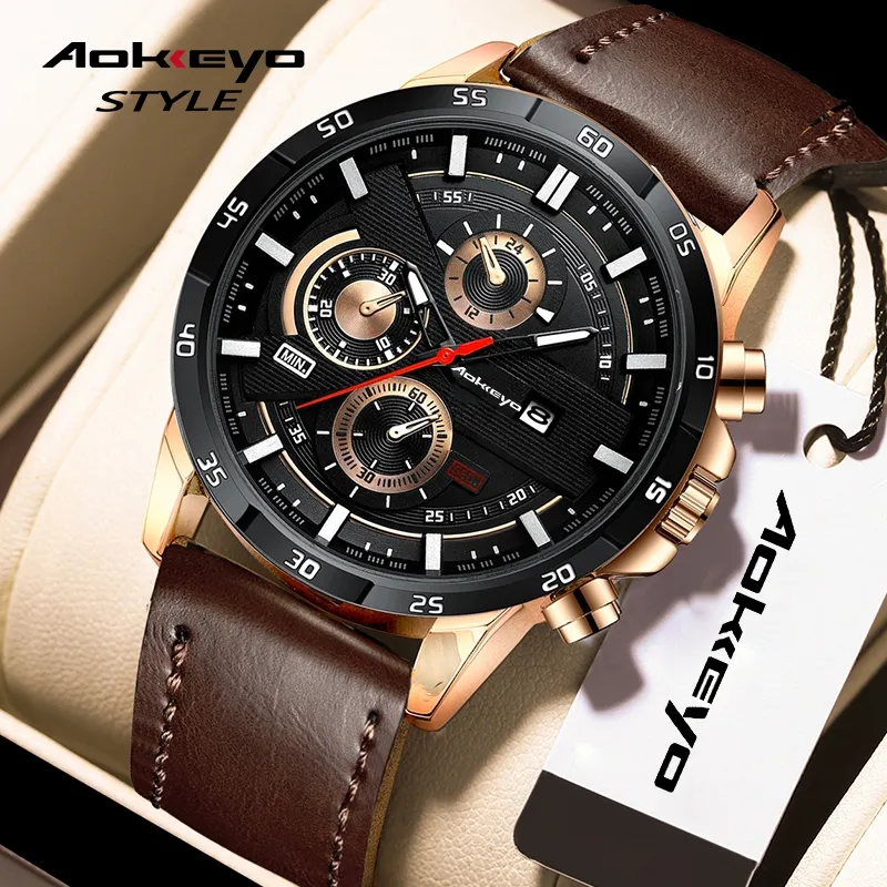 AOKEYO 216 Jam Tangan Pria Luxury Anti Air Original Jam Tangan Kulit Free Kartu Garansi + Box