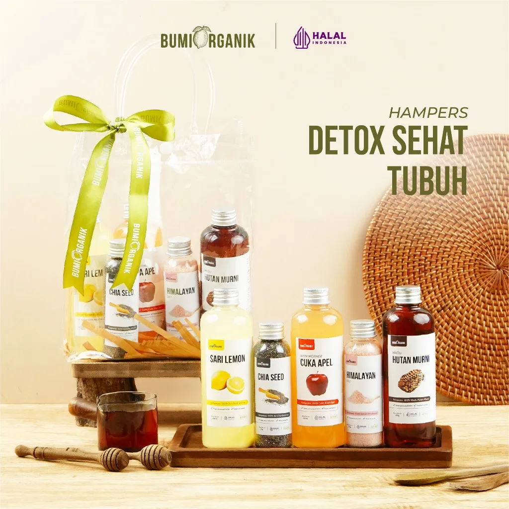 HAMPERS DETOX 5IN1 BY BUMI ORGANIK - SARI LEMON, MADU HUTAN, CUKA APEL, GARAM HIMALAYA, CHIA SEED/ DETOX TUBUH, DETOX PENCERNAAN/ MINUMAN SERAT/ FIBER/ DIET/ PELANGSING/ PERASAN LEMON/ HAMPERS MURAH/ NATURLIFE/ NUTRIFARM/ NUTRIPEDIA/ SUUR LEMOEN/ DIET