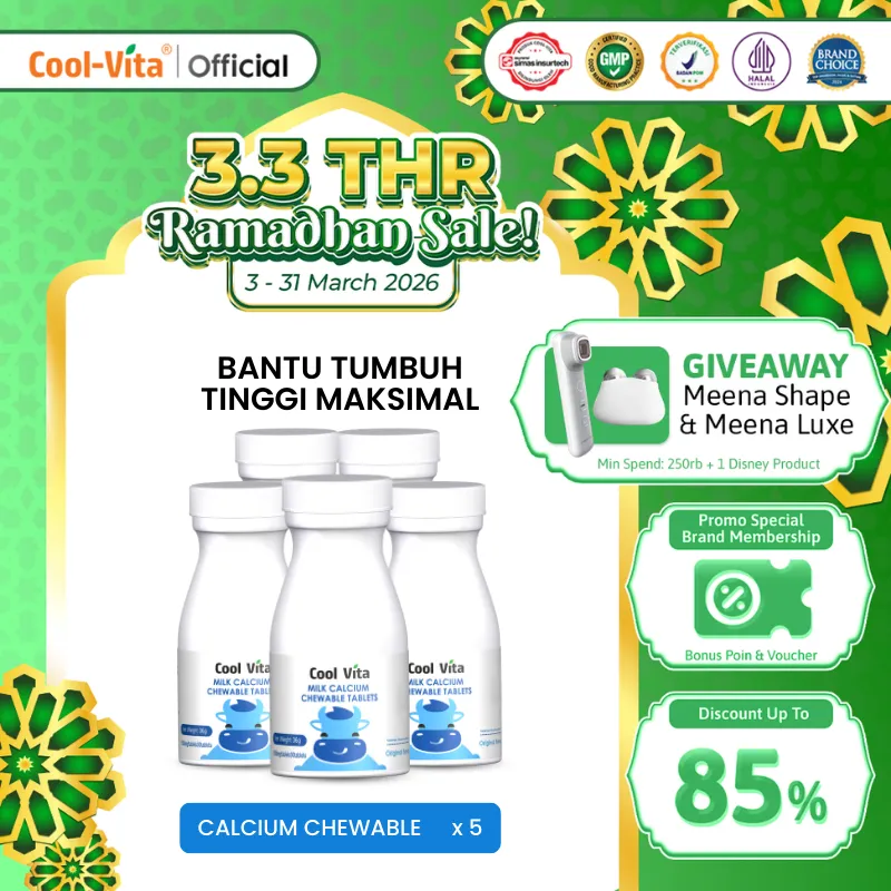 Coolvita Milk Calcium Chewable Tablets Original Flavor 5 Botol isi 150 Tablet - Suplemen Kesehatan Tablet Kunyah Kalsium Original & BPOM | Kuatkan Tulang, Gigi & Otot | Suplemen Kalsium dengan Susu New Zealand