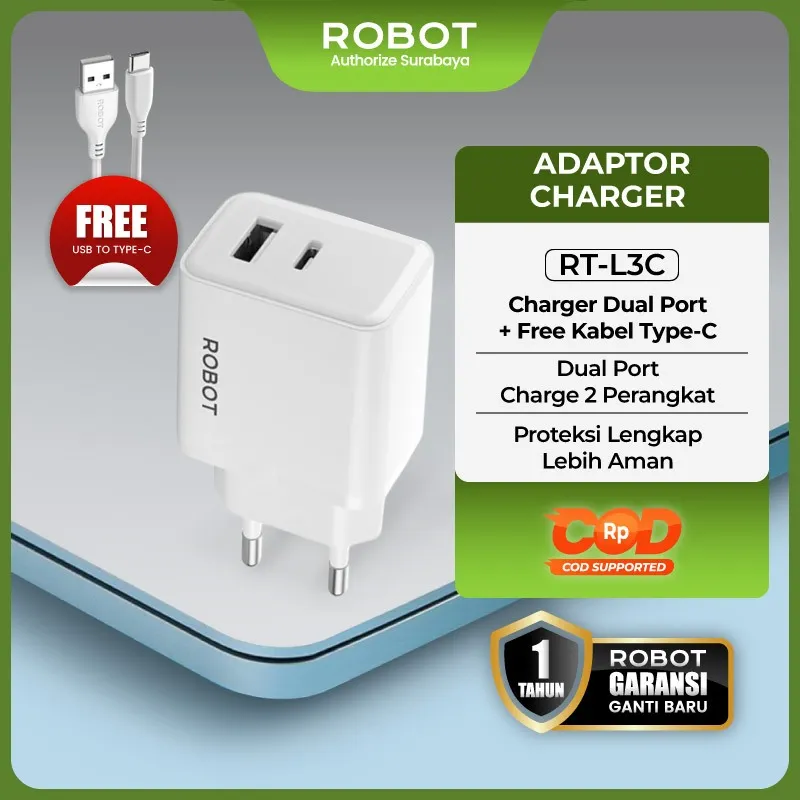 ROBOT Charger Adaptor 12W Dual Port USB-A & USB-C 2.4A Adapter HP Fast Charging with Kabel Type-C Charger iPhone Android 7 Proteksi Aman Ringan RT-L3C