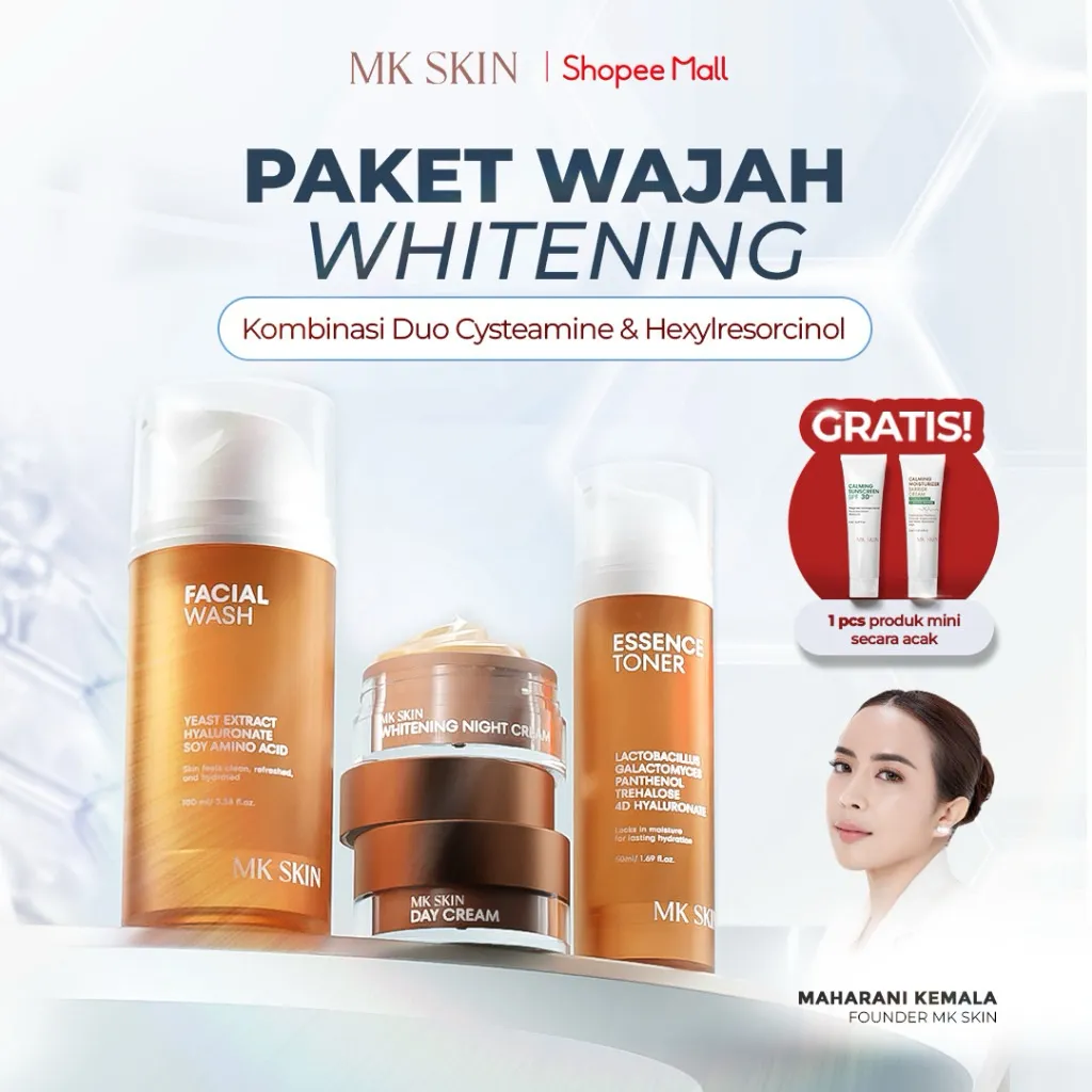 MK SKIN -  Paket Wajah Whitening - Skincare lengkap facial wash, toner, day cream, night cream, Kombinasi Cysteamine & Hexylresorcinol untuk Mencerahkan Kulit & Glowing - Mengurangi flek hitam, melasma & PIH akibat jerawat