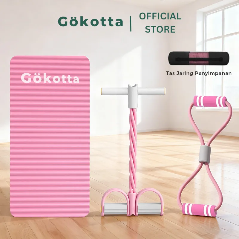 GOKOTTA Set Alat Olahraga Home Workout 3in1 – Matras + Tali Sit Up + Tali Elastis/ Paket Olahraga Yoga/ Alat Olahraga/ Matras dengan Tummy Trimmer, Paket Matras Yoga