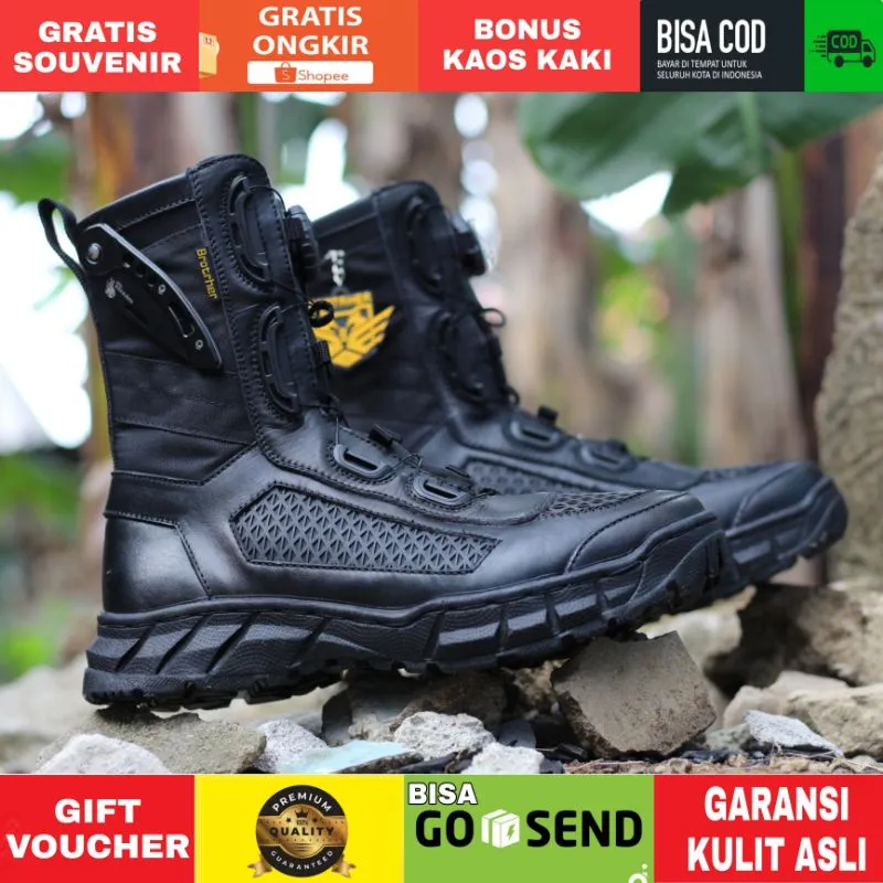 Sepatu Pdl Brother boots safety Tni Polri kulit asli ujung besi tali putar cepat anti air Merk Brotrher Fitwon