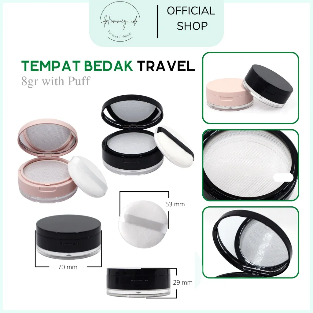 HOMMEY ID - TEMPAT BEDAK TABUR DENGAN CERMIN | TEMPAT LOOSE POWDER FREE SPONGE | WADAH BEDAK TRAVEL