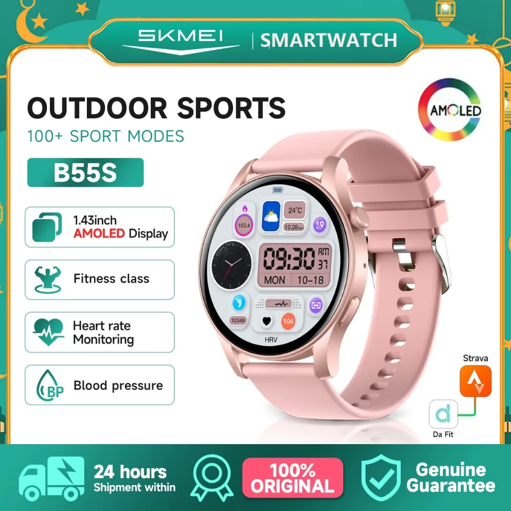 【SKMEI】 Smartwatch B55S AMOLED HD 1.43 inci IP67 Waterproof Jam Tangan Smartwatch Skmei Sports Fitness Tracker /Heart rate Monitor/AI voice assistant/ Whatsapp Message push reminder /250mAh Baterai standby 10-15 days