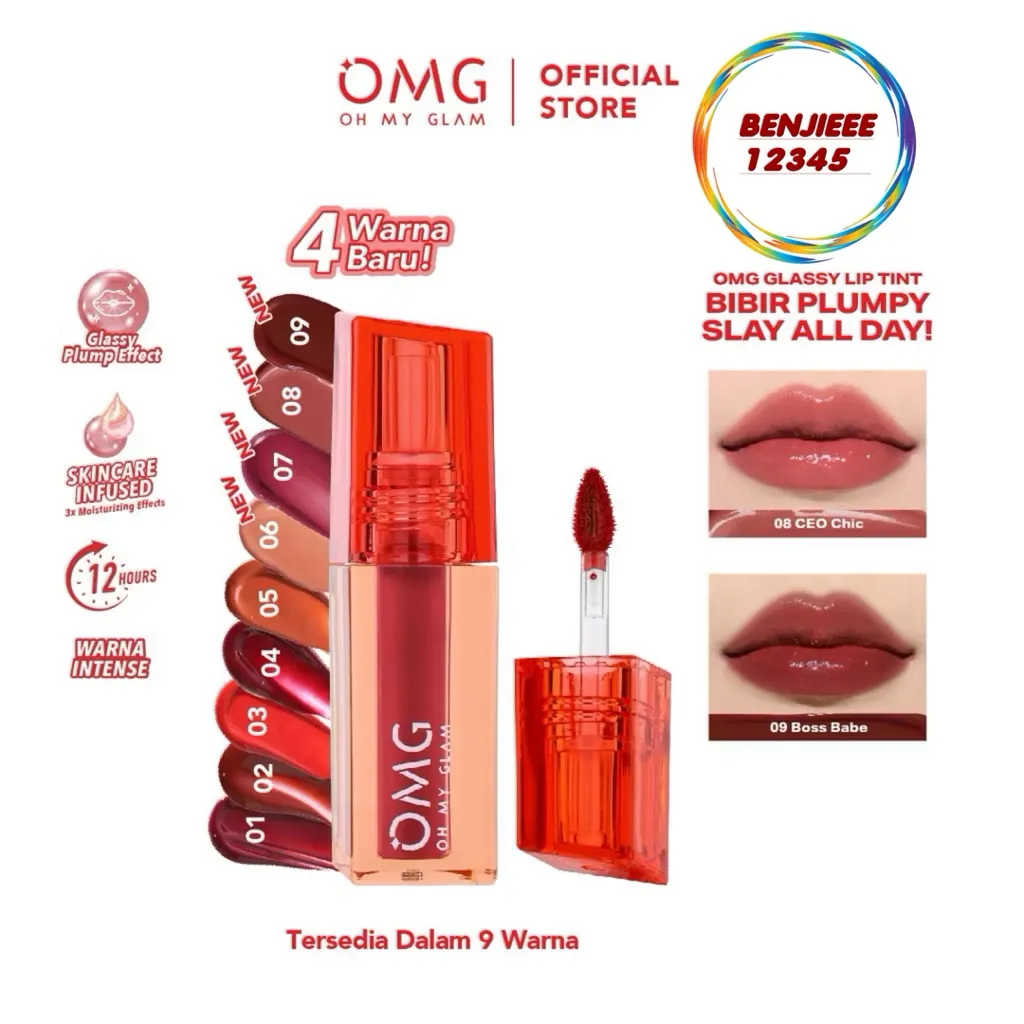 OMG OH MY GLAM Glassy Lip Tint 2g - lip tint warna intense tahan 12 jam, skincare infused Omg omg oh my glam glow glassy lips LIP TINT bibir