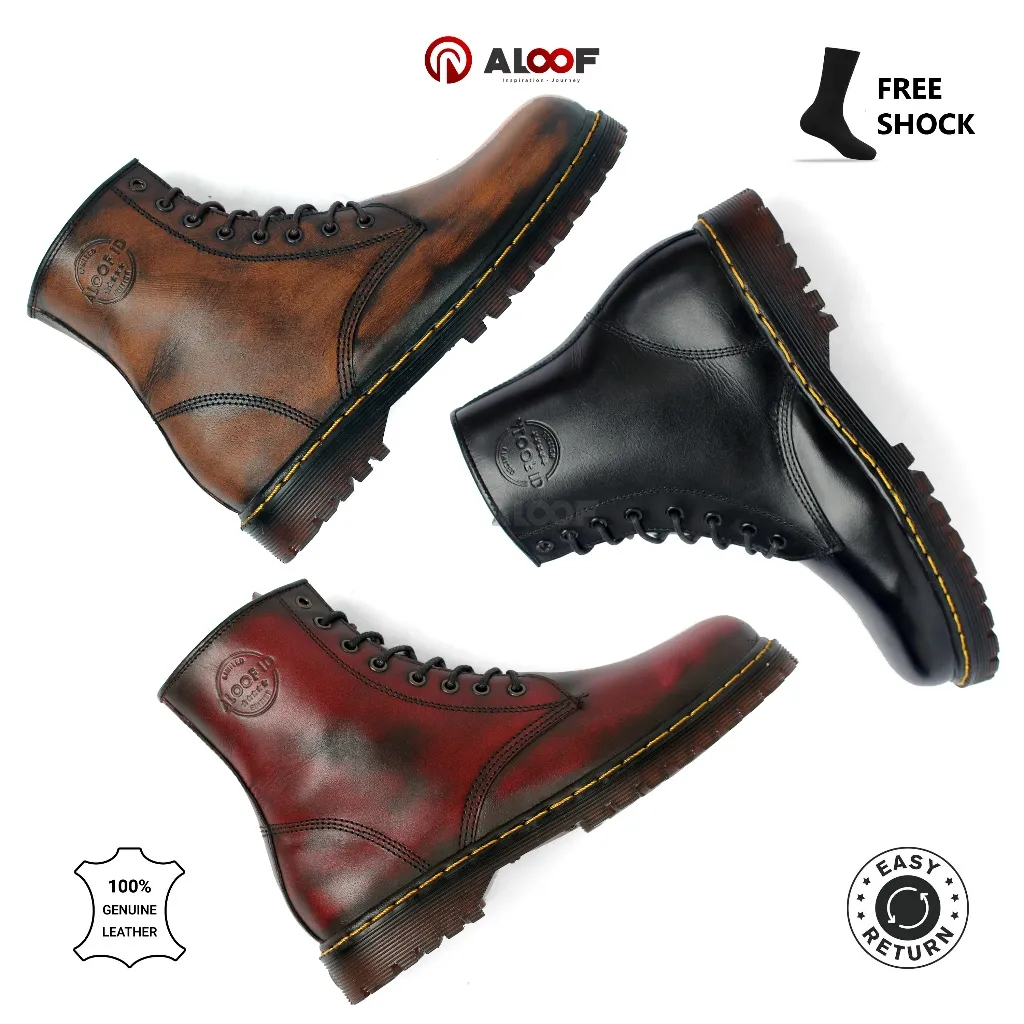 38-43 Aloof KABINA - Sepatu Boots Pria 8 Hole Kulit Asli Type Docmart Hiking Riding Lapangan