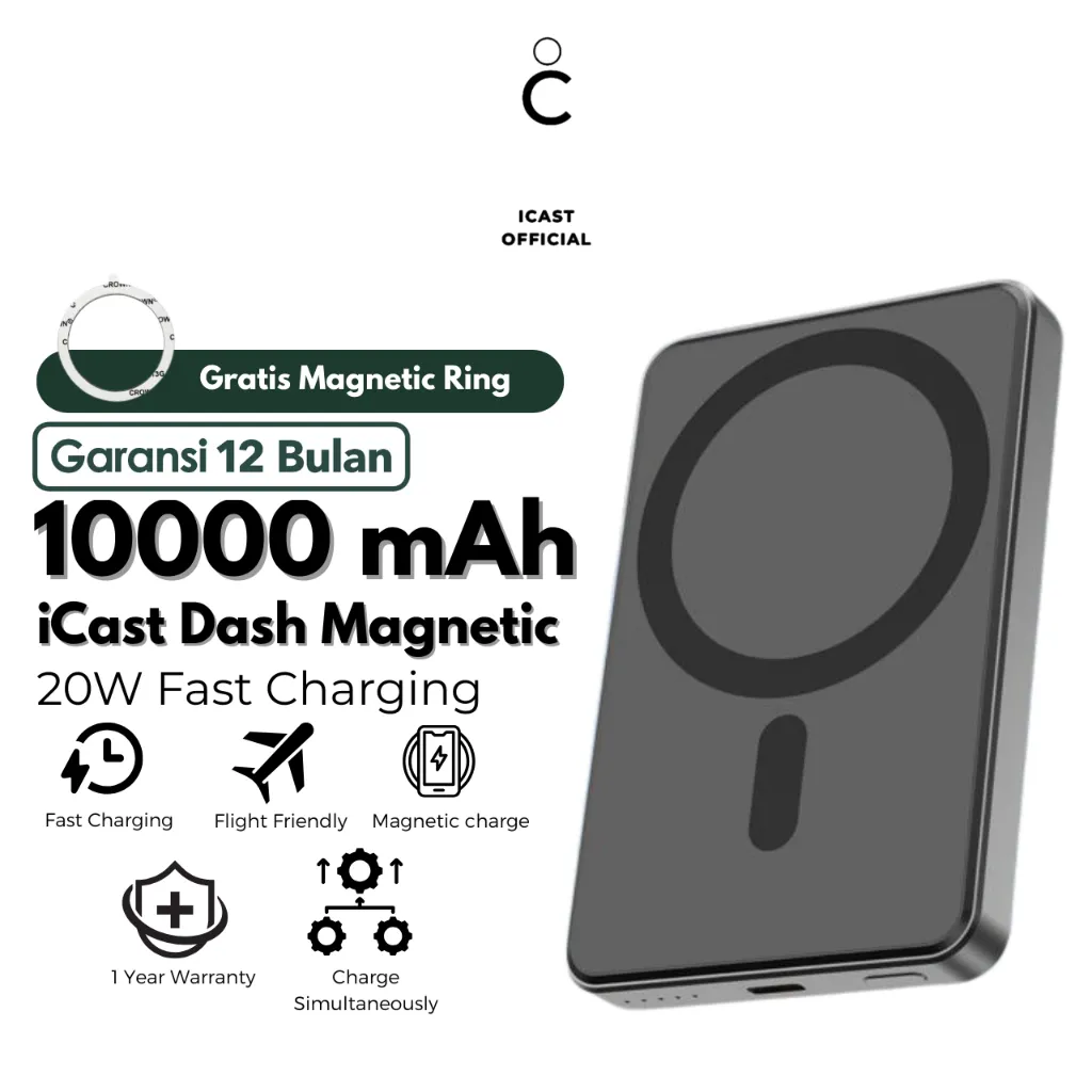 iCast Powerbank Magnet 10000 mAh Fast Charging 20W PD & 15W Magnetic Charger iCast Dash Powerbank