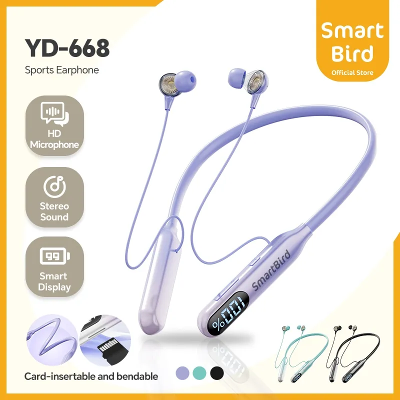 SmartBird Earphone YD668 Bluetooth 5.4 Neck Hanging Ultra-long battery life HI-FI TWS Wireless Earbuds Headset Digital Power Display Sports Headphone Hand Free Support memory card