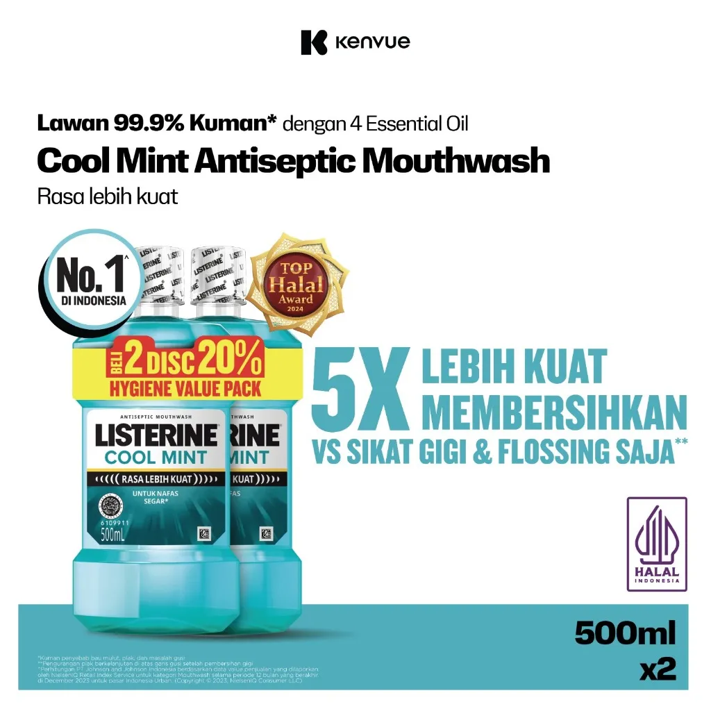Listerine Cool Mint Antiseptic Mouthwash 2 x 500ml (Twin Pack) I Obat Kumur