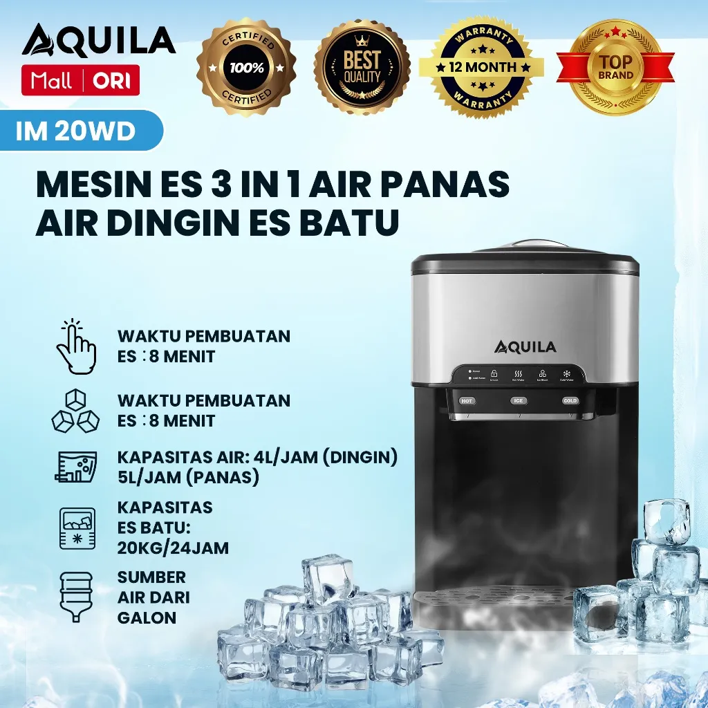 Aquila IM 20wd Dispenser Multifungsi 3 in 1 Air Panas-Dingin-Es  |  Dispenser Air Panas & Dingin dan Mesin Es Batu 20kg