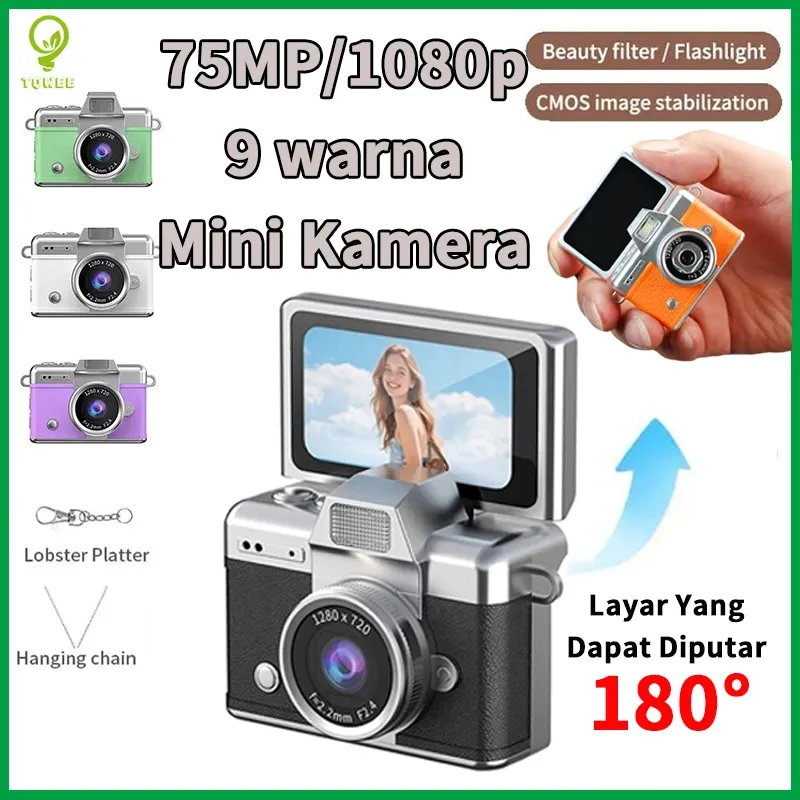 75MP Kamera Digital Mini Seukuran Telapak Tangan Layar Selfie yang Dapat Diputar 180° Resolusi 1080p Dilengkapi Flashlight dan Berbagai Filter