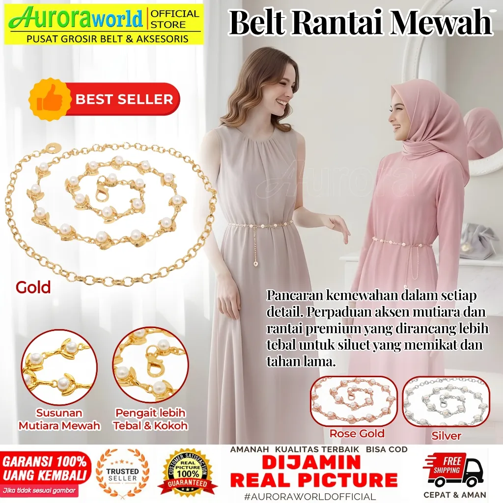 Auroraworld Belt wanita ikat pinggang rantai mutiara gesper sabuk fashion rantai mewah untuk dress gamis