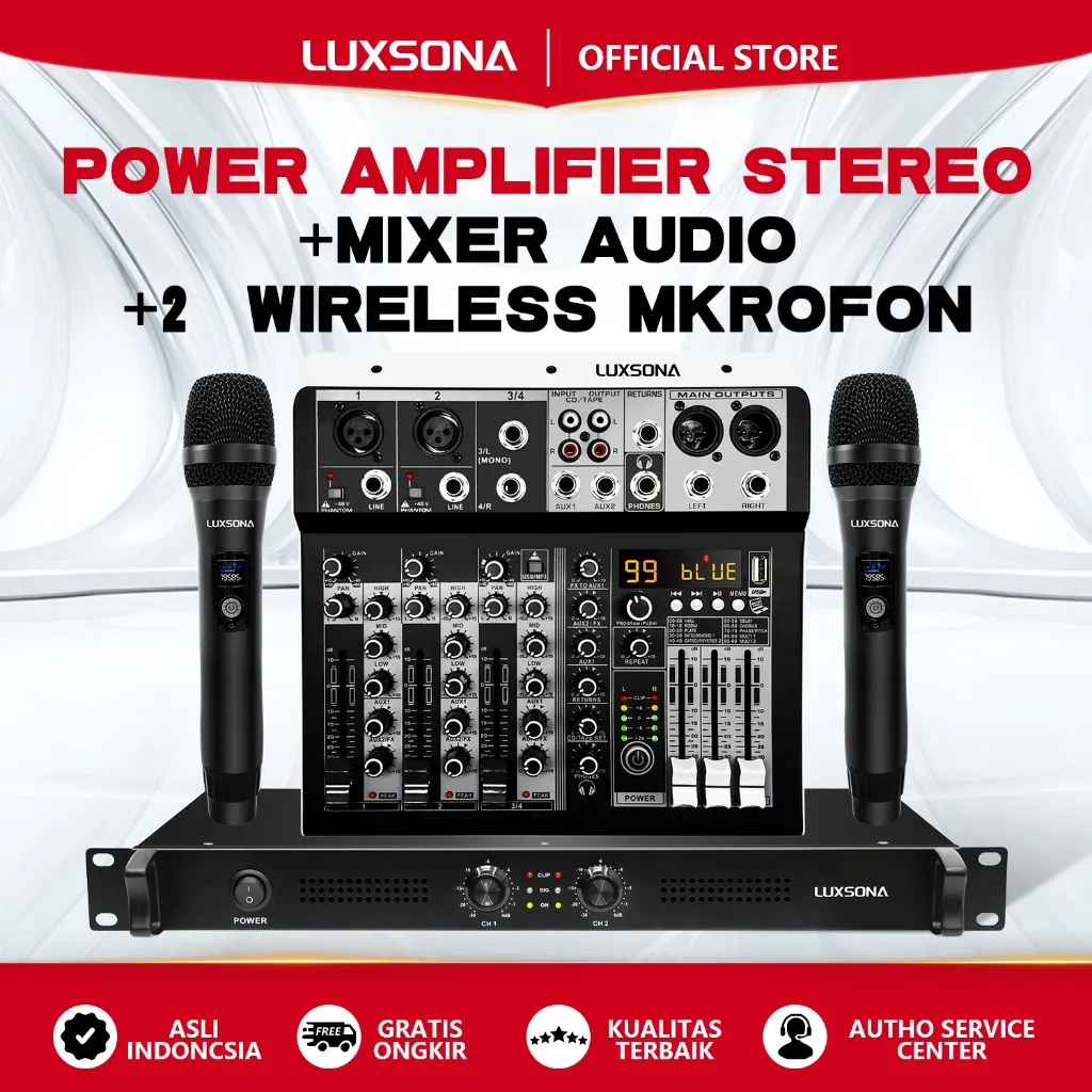 Power Amplifier 2×150W penguat daya saluran ganda+99DSP Mixer Audio+2 UHF Mikrofon nirkabel logam