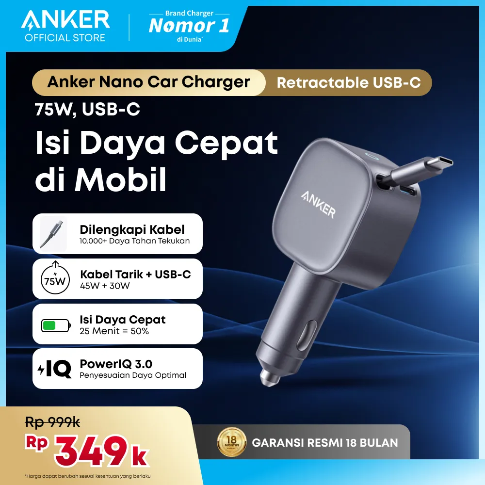 Anker USB-C Car Charger 75W Max Ultra-Compact Type-C Fast Car Charger with Built-in Retractable Cable Car Adapter Compatible for iPhone Samsung iPad MacBookPro/Air - A2738