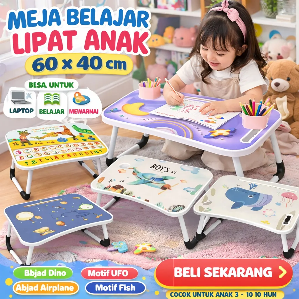 Meja Lipat Anak Karakter Kartun 60x40 – Meja Belajar Portable Ringan & Multifungsi untuk Rumah & Sekolah | MOLION TOYS