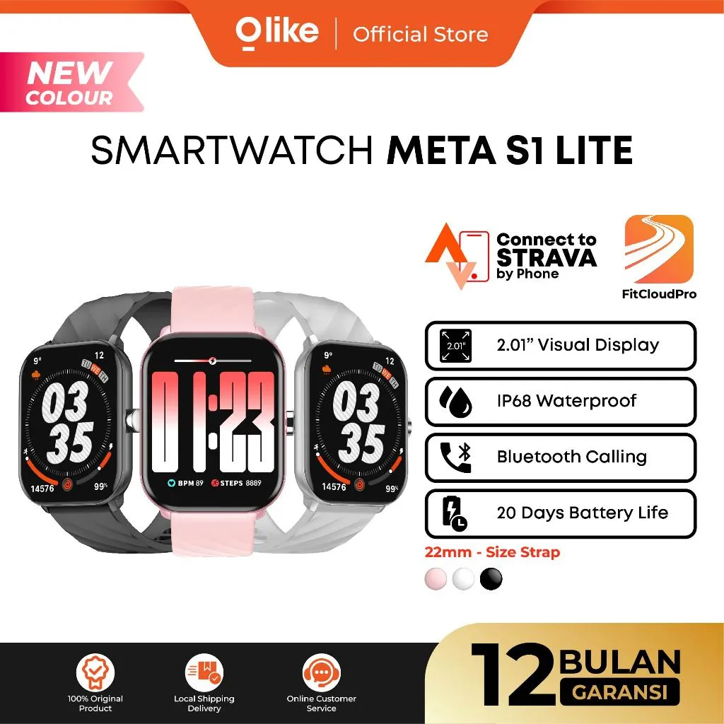 OLIKE Smartwatch META S1 Lite 2.01" HD Bluetooth Call | Jam Tangan Pintar IP68 Tahan Air | 100+ Sport Mode | Heart Rate Monitor | Baterai 20 Hari