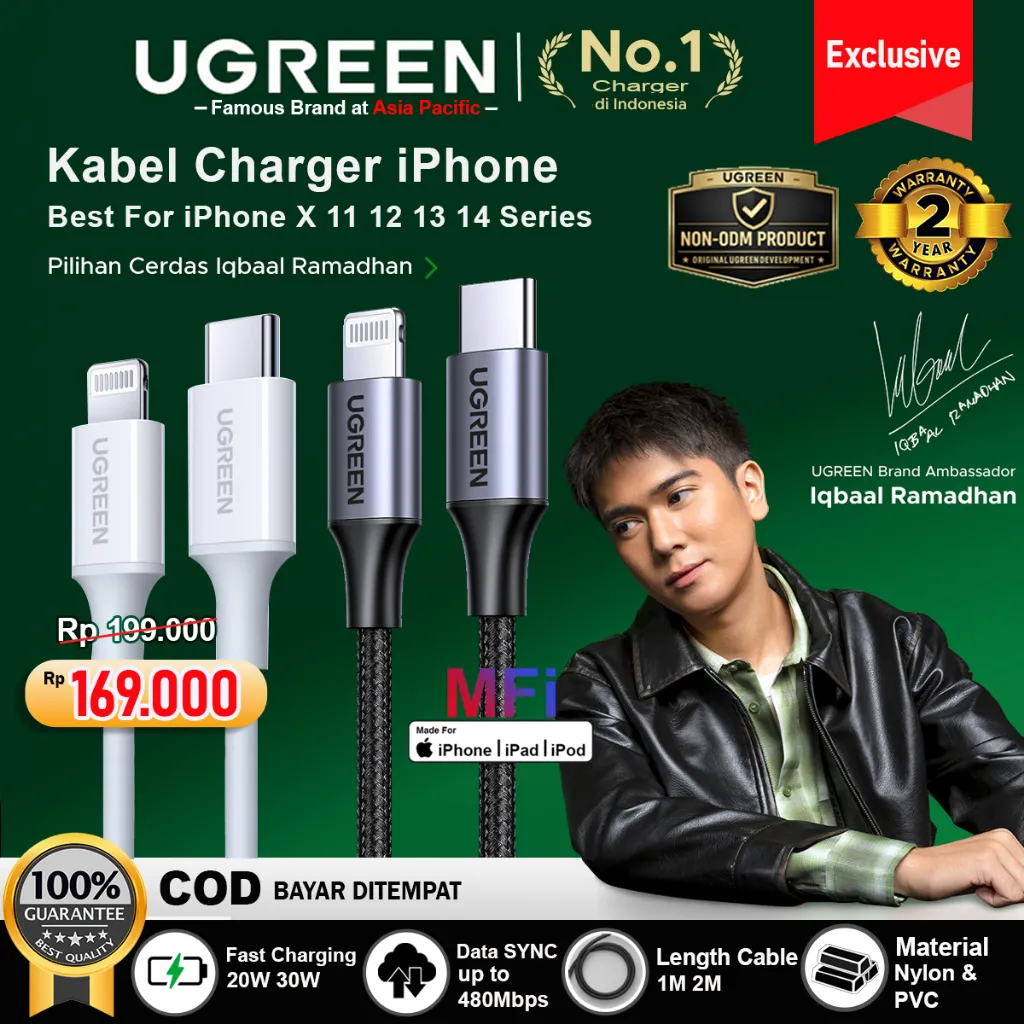 UGREEN Kabel Data MFi iPhone X 11 12 13 14 PD Type C to Lightning Fast Charging 18w - 36w