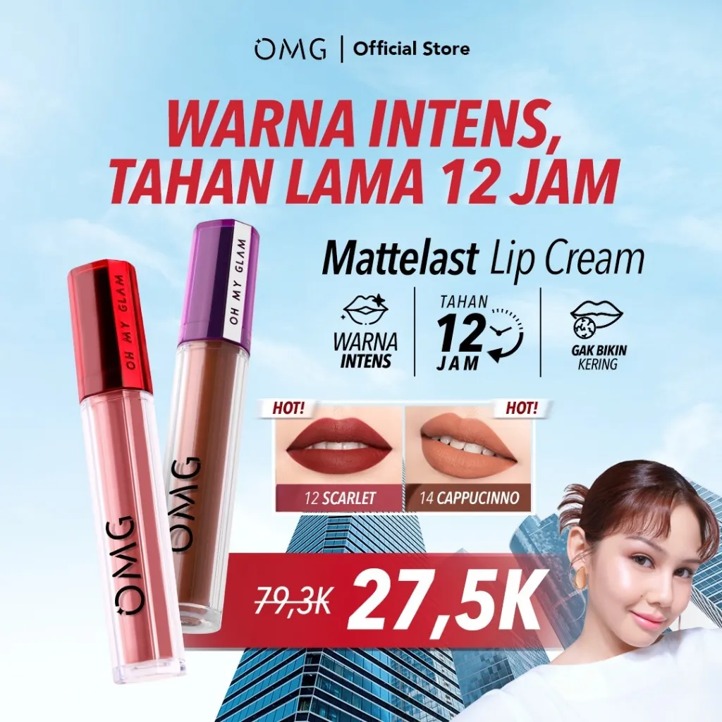 OMG OH MY GLAM Mattelast Lip Cream 2.9 g - Lip Cream Matte Dengan Warna Intense, Tahan Lama & Ringan - BUNDA MAIA'S PICK