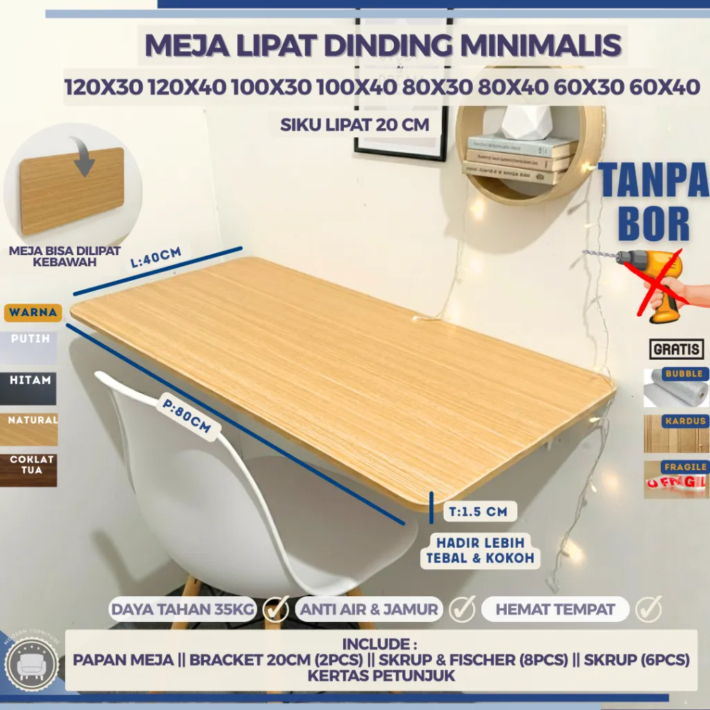 MEJA LIPAT DINDING 100X40 100X30 80X40 80X30 60X40 60X30 MEJA SATU SET TANPA BOR / MEJA KOMPUTER / MEJA BELAJAR / MEJA BACA / MEJA DAPUR / MEJA SETRIKA / MEJA JUALAN / MEJA MAKAN / MEJA KUAT / MEJA GAME / MEJA ANAK / MEJA BERMAIN