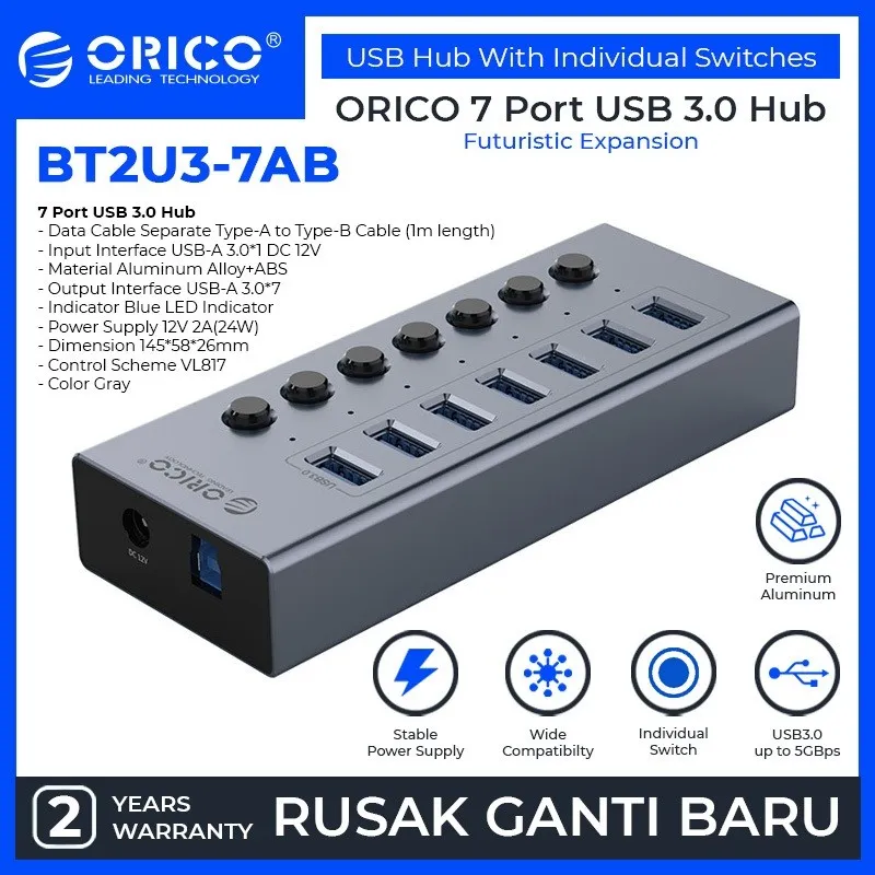 ORICO 7 port USB Hub With Individual Switches - BT2U3-7AB