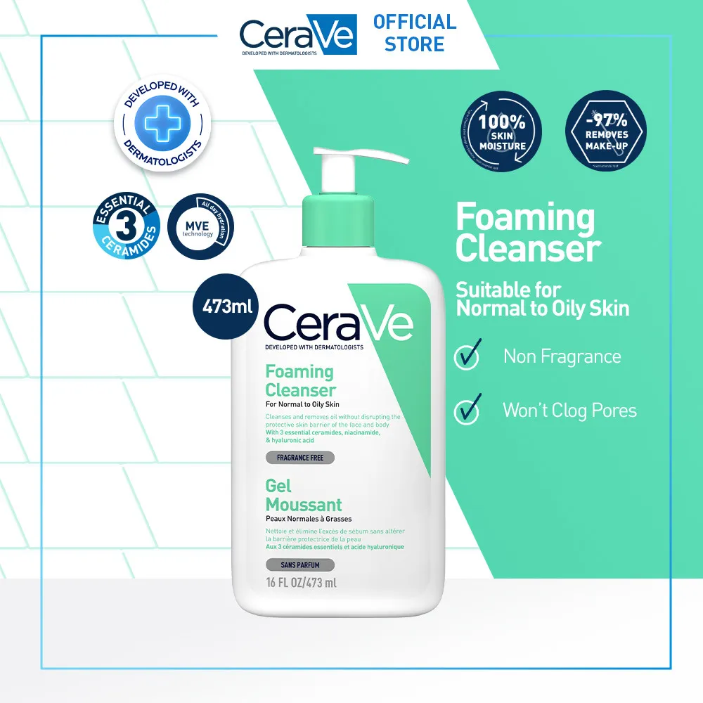 CeraVe Foaming Cleanser 473 ml – Skin Barrier Face Wash with Ceramide for Normal to Oily Skin [Pembersih Wajah Untuk Kulit Berminyak]
