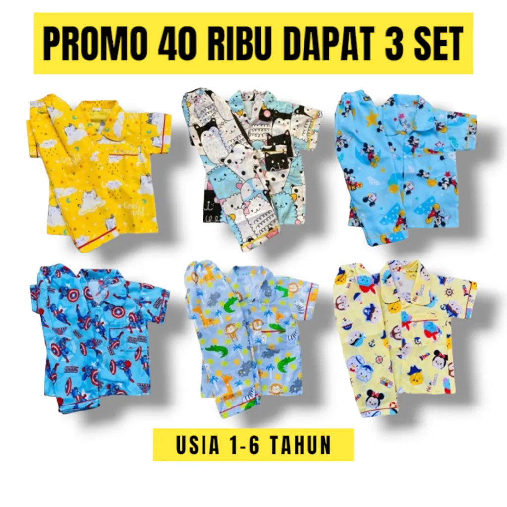 PAKET 3 SET PIYAMA ANAK USIA 1-6 TAHUN BAJU TIDUR ANAK