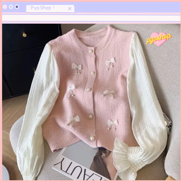 PYOSHOP - Cardigan Knit Pita Ribbon Lengan Ruffle